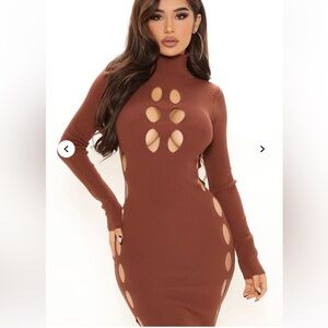 Elegant Brown Cut-Out Midi Dress